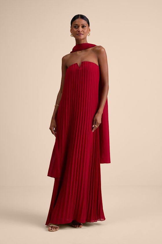 Lael Green Pleated Strapless Dress and Scarf Set #Color_Dark Red