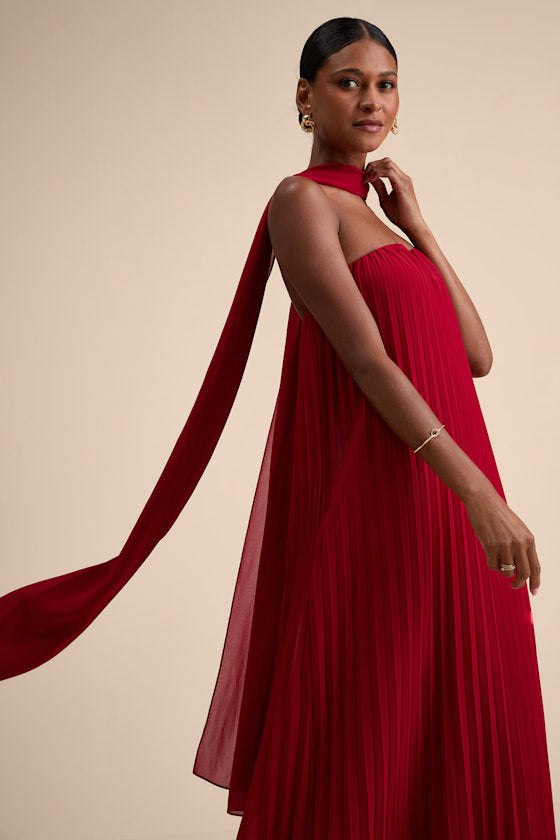 Lael Green Pleated Strapless Dress and Scarf Set