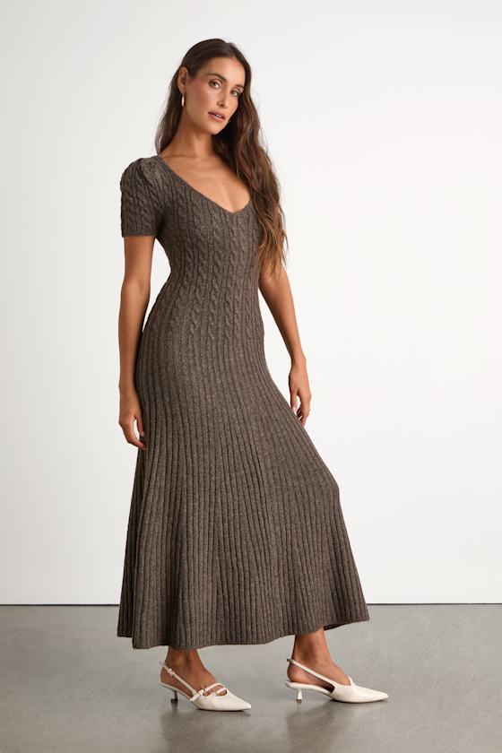 Antonela Heathered Brown Puff Sleeve Sweater Midi Dress #Color_Heathered Brown