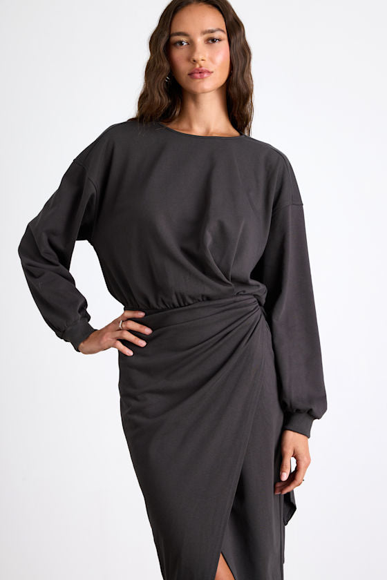 Eunia Charcoal Grey Jersey Knit Long Sleeve Wrap Midi Dress #Color_Charcoal Grey
