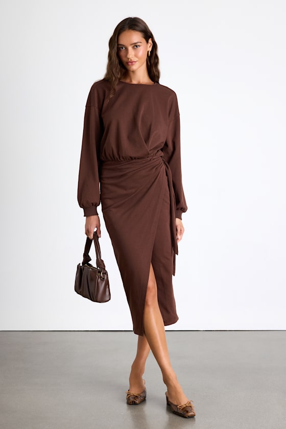 Eunia Charcoal Grey Jersey Knit Long Sleeve Wrap Midi Dress #Color_Brown