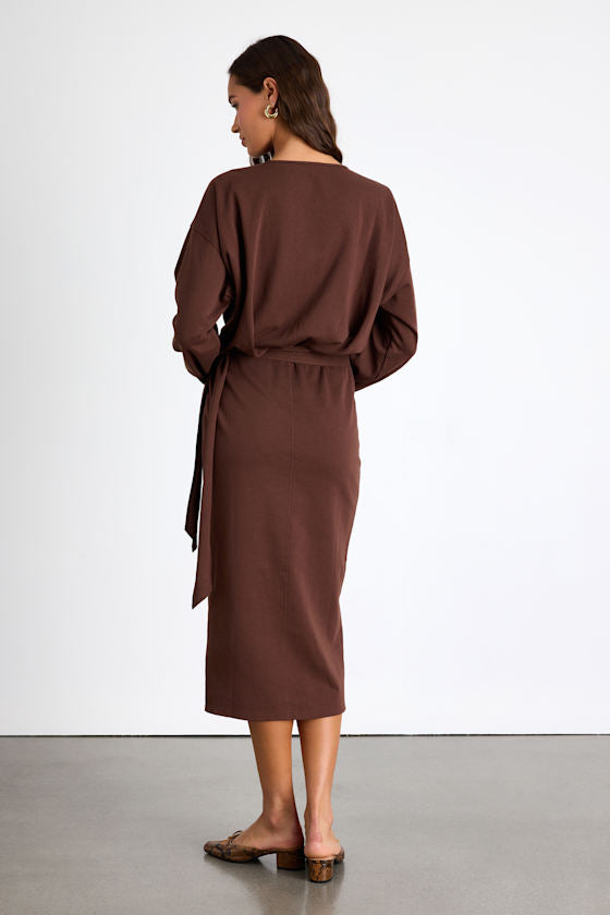 Eunia Charcoal Grey Jersey Knit Long Sleeve Wrap Midi Dress