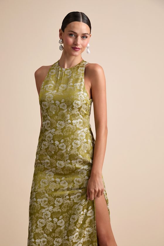Lamila Chartreuse Floral Satin Column Maxi Dress #Color_Chartreuse Floral