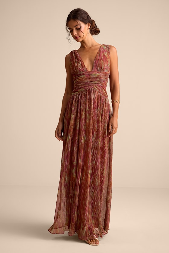 Evaluna Purple Abstract Print Lurex Pleated Maxi Dress #Color_Rust Abstract Print