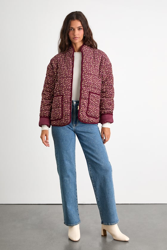 Bundled Perfection Burgundy Floral Quilted Puffer Jacket