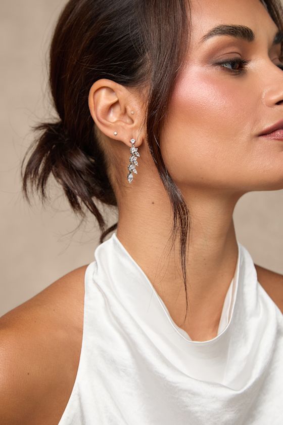 Bristol Silver Rhinestone Leaf Drop Earrings