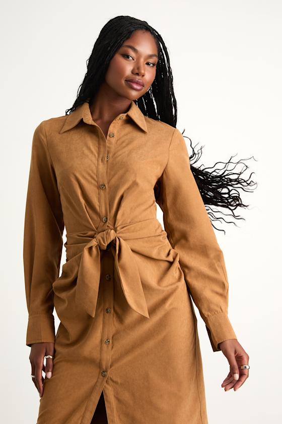 Autumnal Views Olive Green Suede Button-Up Tie-Front Midi Dress