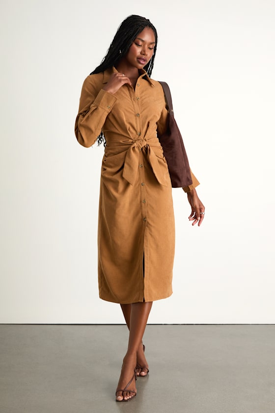 Autumnal Views Olive Green Suede Button-Up Tie-Front Midi Dress