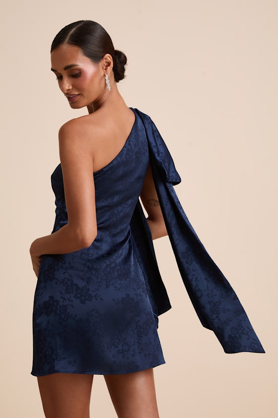 Jayda White Satin Jacquard One-Shoulder Sash Mini Dress