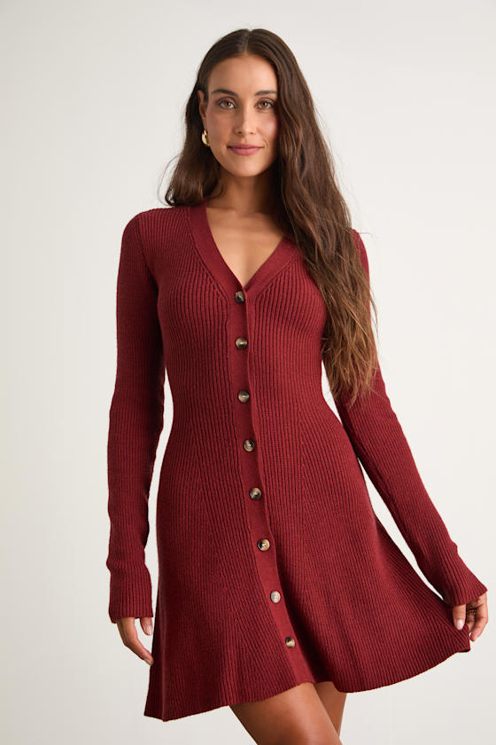 Adorably Flirty Mauve Pink Button-Front Sweater Mini Dress #Color_Rust Red