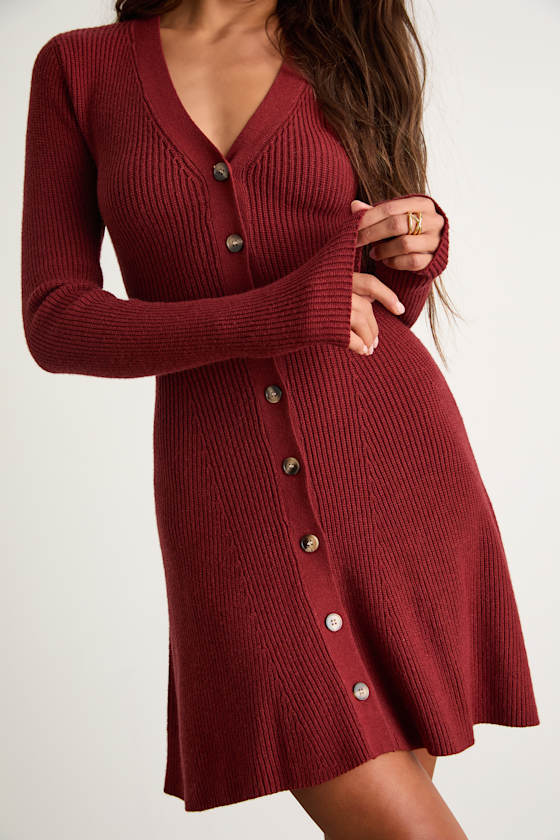 Adorably Flirty Heather Grey Button-Front Sweater Mini Dress