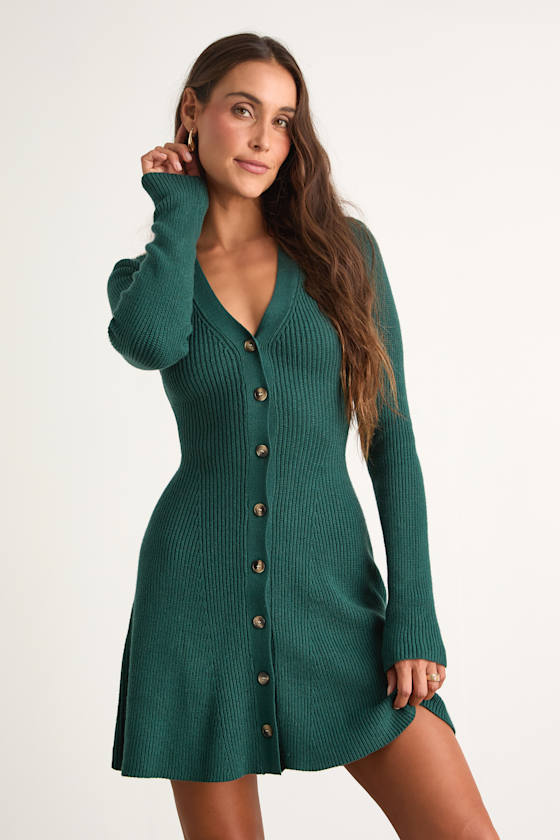 Adorably Flirty Mauve Pink Button-Front Sweater Mini Dress #Color_Emerald
