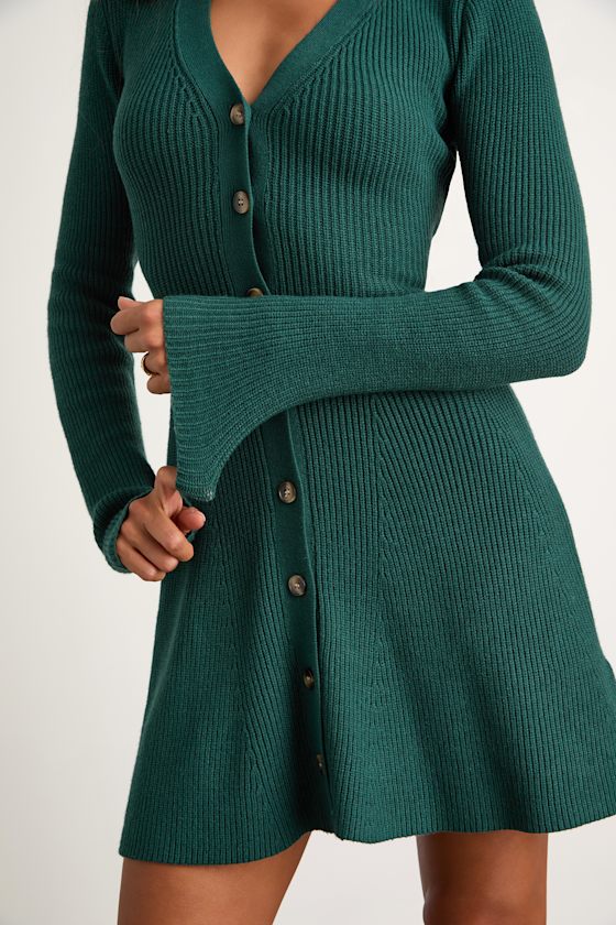 Adorably Flirty Heather Grey Button-Front Sweater Mini Dress