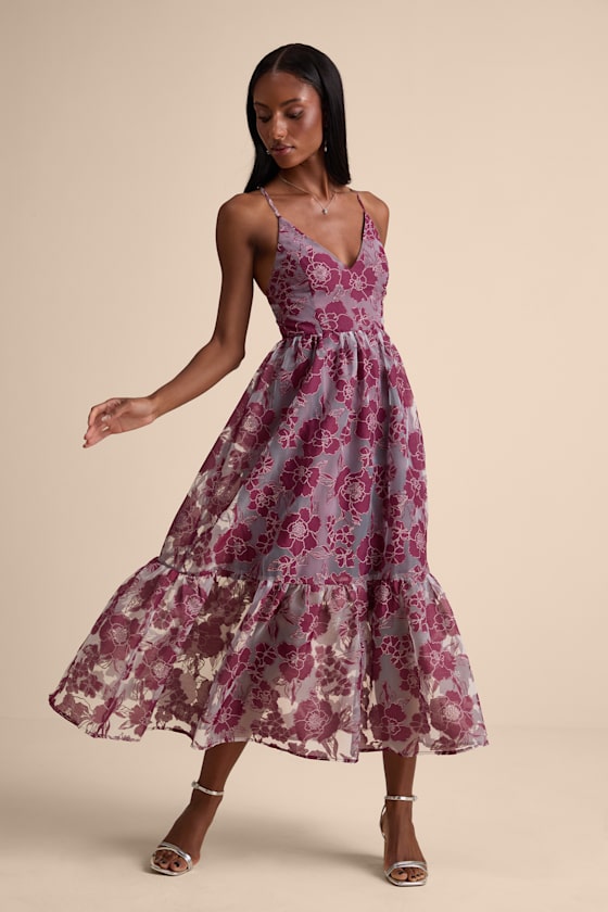 Feeling Like Forever Plum Jacquard Organza Lace-Up Midi Dress #Color_Plum