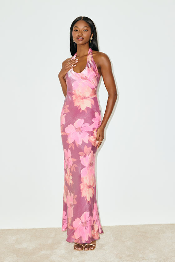 Lashay Purple and Pink Floral Satin Halter Mermaid Maxi Dress #Color_Purple and Pink Floral