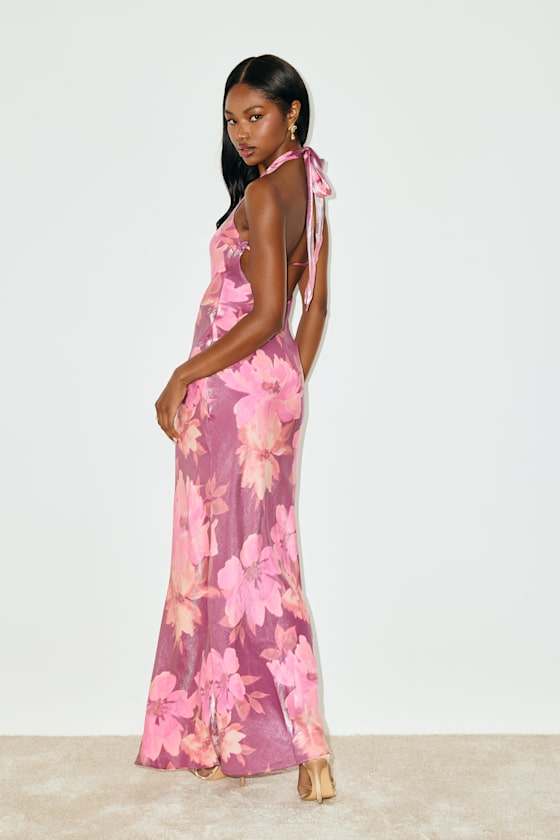 Lashay Purple and Pink Floral Satin Halter Mermaid Maxi Dress