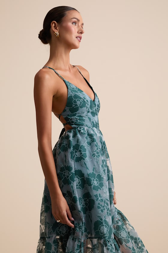 Feeling Like Forever Plum Jacquard Organza Lace-Up Midi Dress #Color_Teal