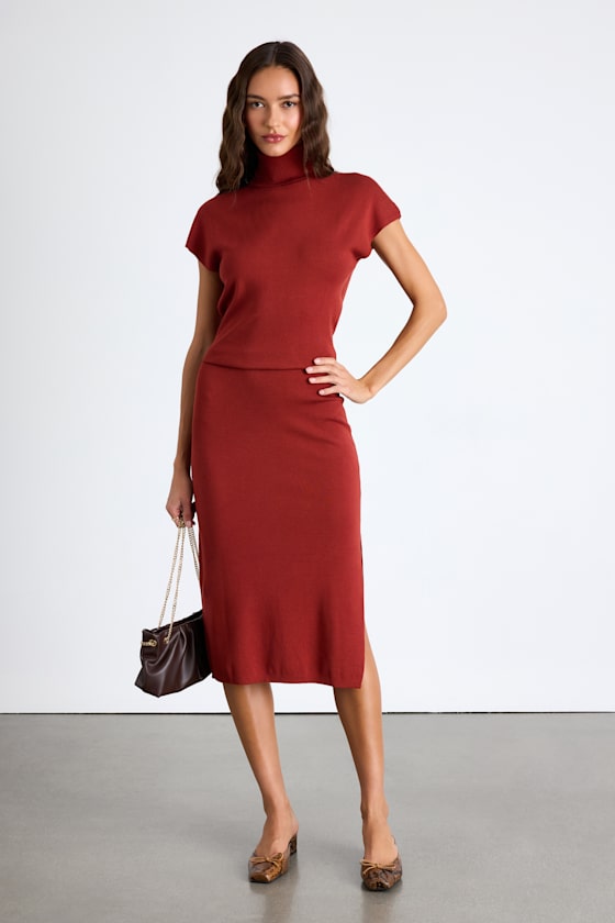 Ashford Rust Red Turtleneck Short Sleeve Sweater Midi Dress #Color_Rust Red
