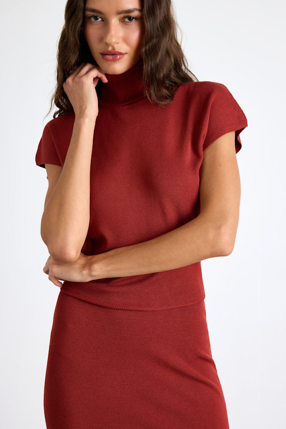 Ashford Rust Red Turtleneck Short Sleeve Sweater Midi Dress #Color_Rust Red
