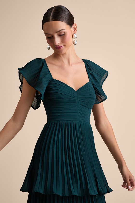 Notorious Charm Navy Blue Pleated Flutter Sleeve Maxi Dress