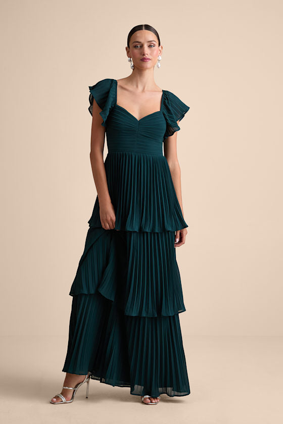 Notorious Charm Navy Blue Pleated Flutter Sleeve Maxi Dress