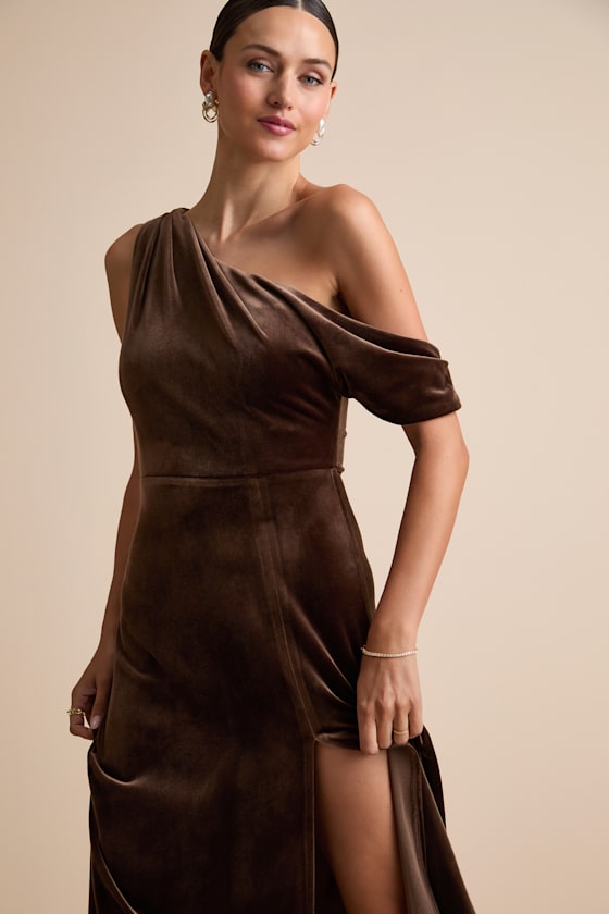 Coveted Confidence Rust Orange Velvet Asymmetrical Maxi Dress