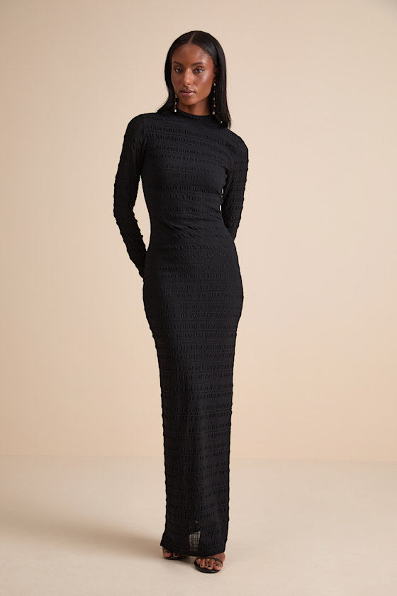 Trendsetting Design Brown Textured Long Sleeve Maxi Dress #Color_Black