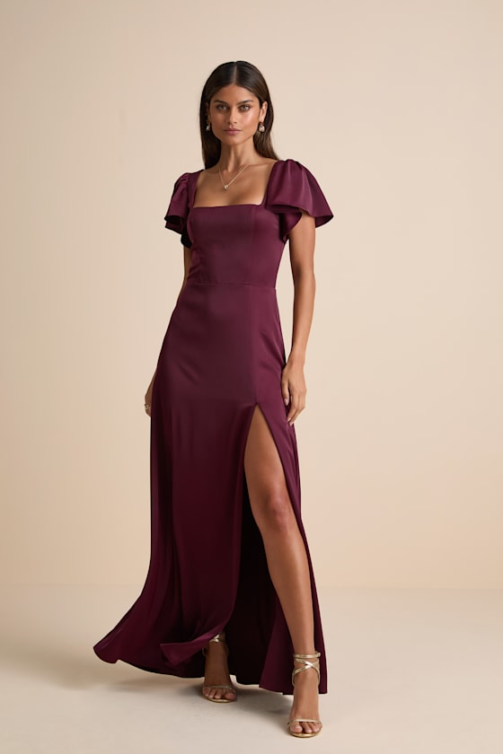 Ultimate Sweetness Emerald Green Satin Flutter Sleeve Maxi Dress #Color_Plum