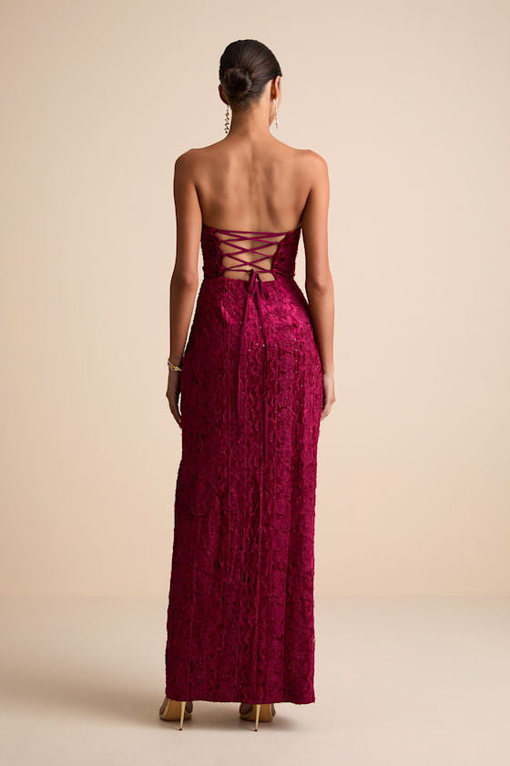 Chic Grace Black Velvet Floral Applique Strapless Maxi Dress