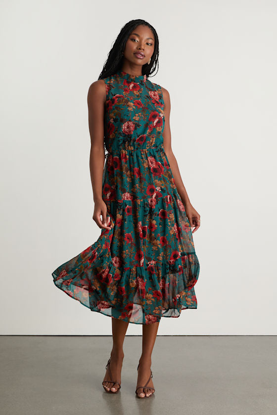 In My Dreams Mauve Floral Print Midi Dress #Color_Teal Multi Floral Print
