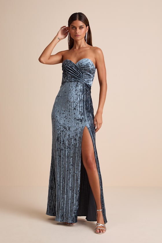 Classy Sensation Navy Blue Velvet Pleated Strapless Maxi Dress