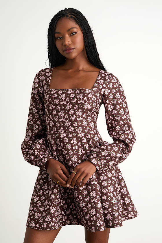 Daily Affection Beige Corduroy Mini Dress With Pockets #Color_Brown Floral