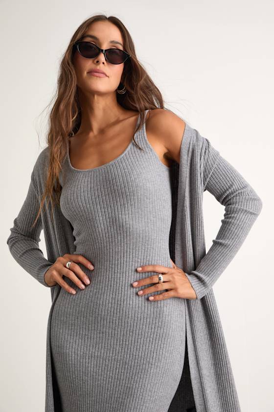 Layer Lover Brown Ribbed Knit Two-Piece Dress & Cardigan Set