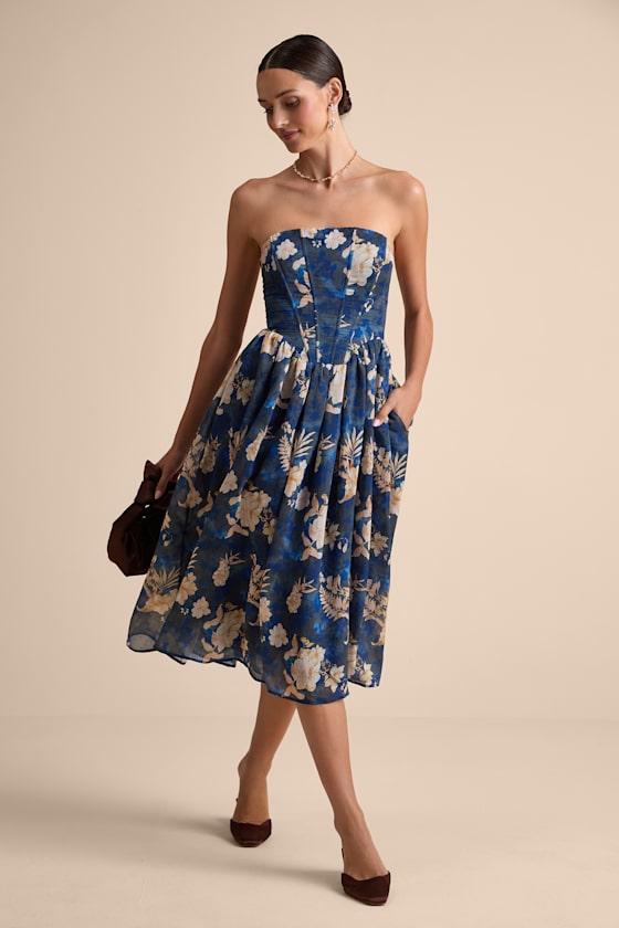 Eulalia Pink Floral Lace-Up Strapless Bustier Midi Dress