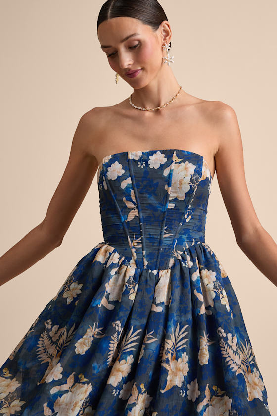 Eulalia Light Blue Floral Lace-Up Strapless Bustier Midi Dress
