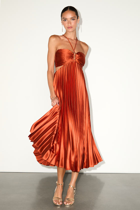 Aerin Emerald Satin Pleated Cutout Midi Dress