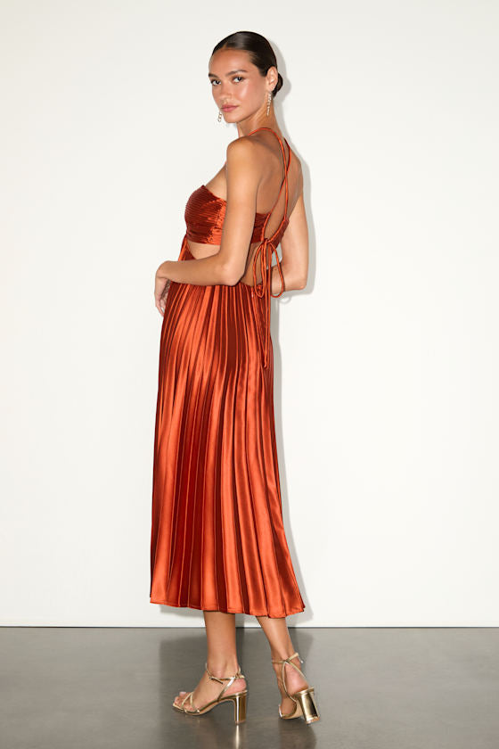 Aerin Blue Satin Pleated Cutout Midi Dress