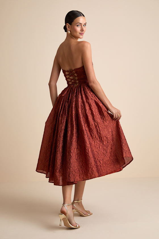 Analeia Dark Teal Jacquard Lace-Up Strapless Midi Dress