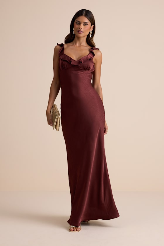 Angela Brown Satin Ruffed Slip Maxi Dress