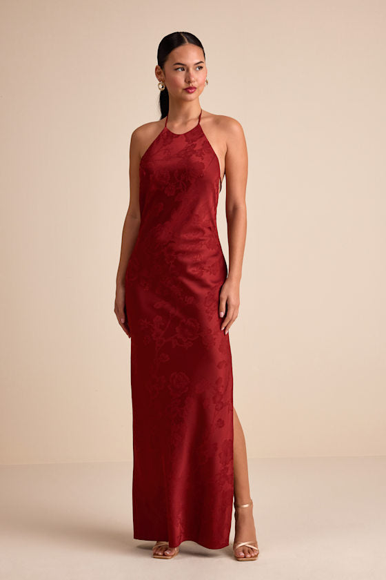 Ayura Rust Red Satin Jacquard Tie-Back Halter Maxi Dress #Color_Rust Red