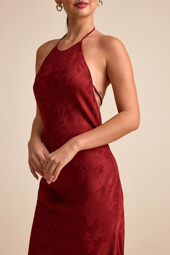 Ayura Rust Red Satin Jacquard Tie-Back Halter Maxi Dress #Color_Rust Red