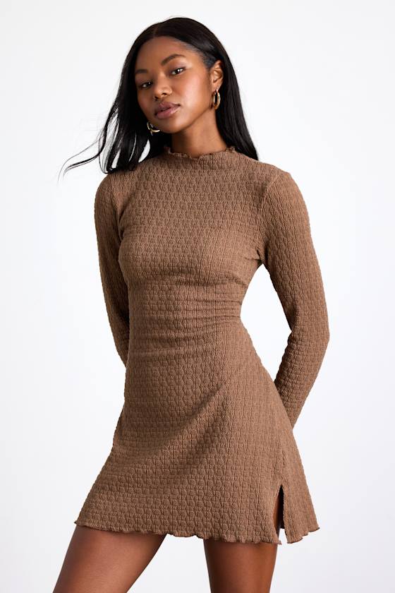 Flattering Forecast Black Textured Long Sleeve Mini Dress #Color_Brown