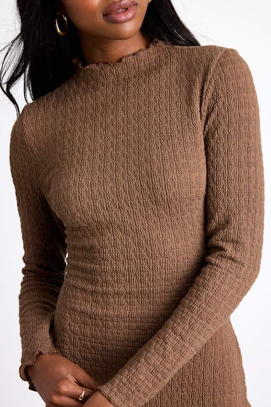 Flattering Forecast Olive Green Textured Long Sleeve Mini Dress