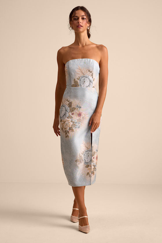 Hargrove Light Blue Floral Jacquard Strapless Midi Dress #Color_Light Blue