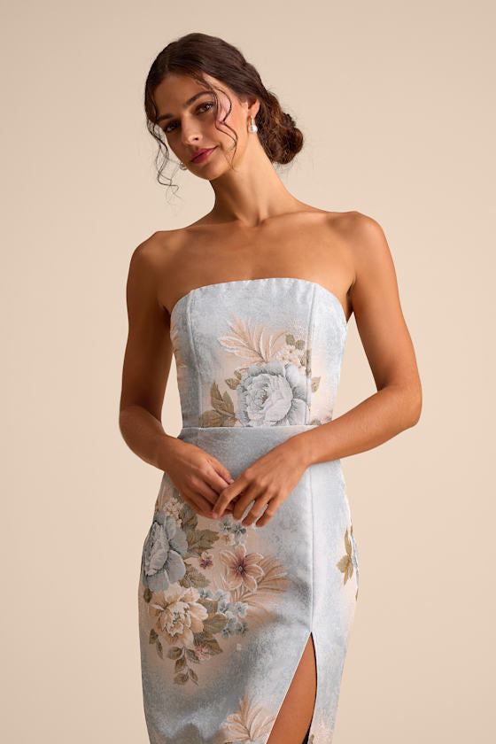 Hargrove Light Blue Floral Jacquard Strapless Midi Dress #Color_Light Blue