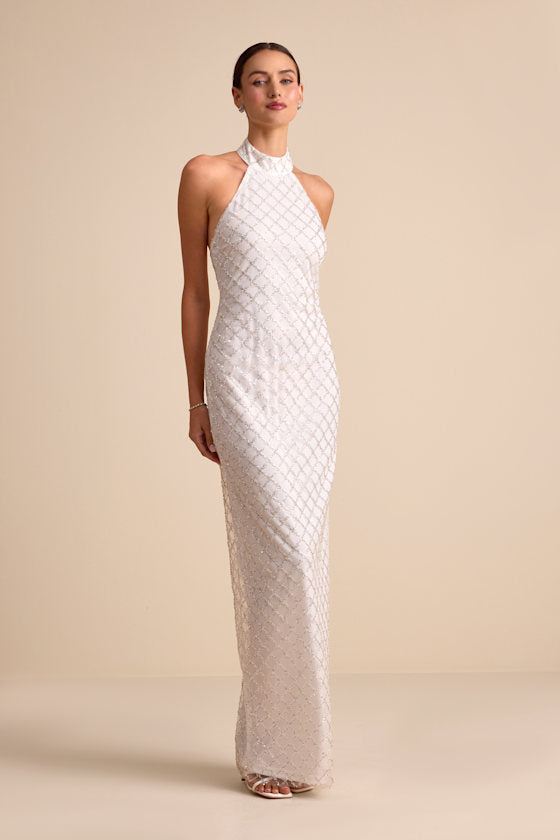 Novalea White Sequin Halter Maxi Dress #Color_White