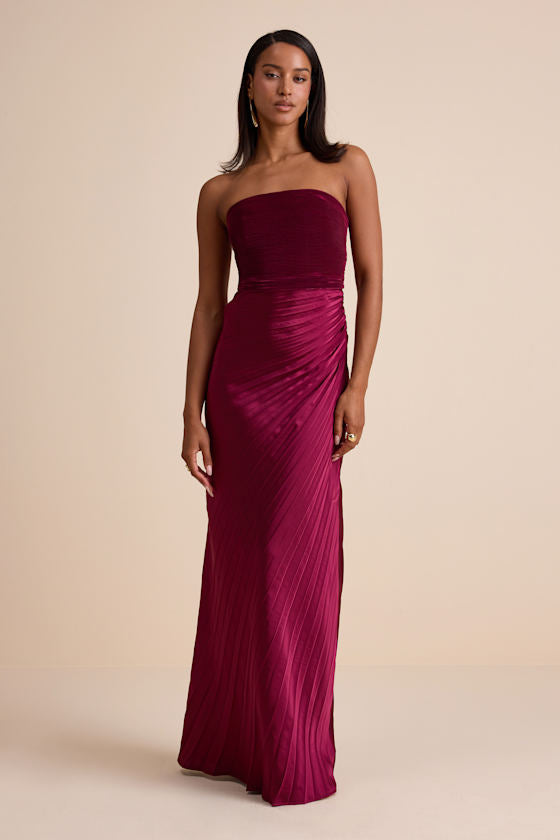 Nyrah Berry Red Satin Pleated Strapless Maxi Dress #Color_Berry Red