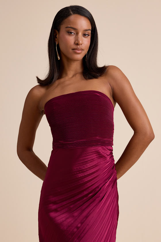 Nyrah Berry Red Satin Pleated Strapless Maxi Dress #Color_Berry Red