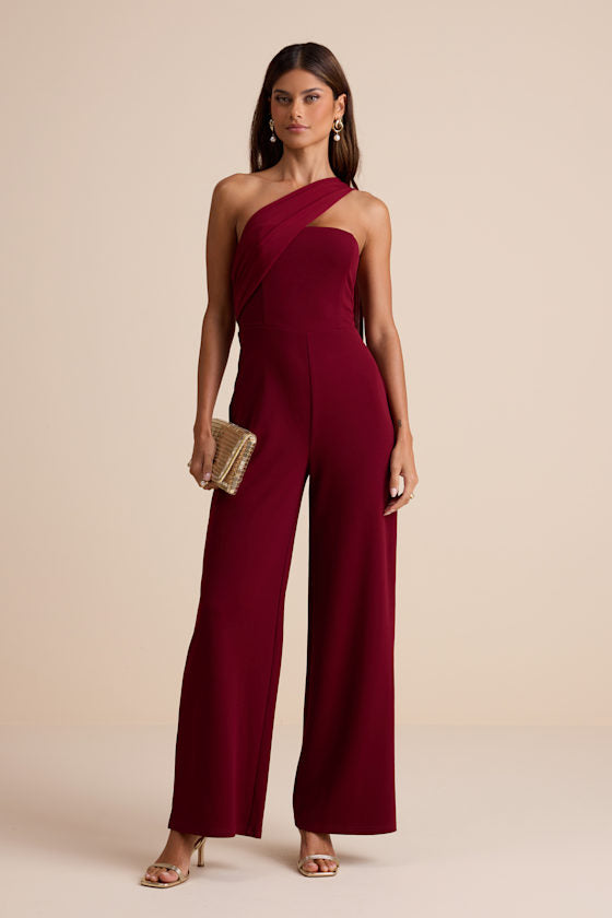 Hexley Burgundy One-Shoulder Sash Scarf Jumpsuit