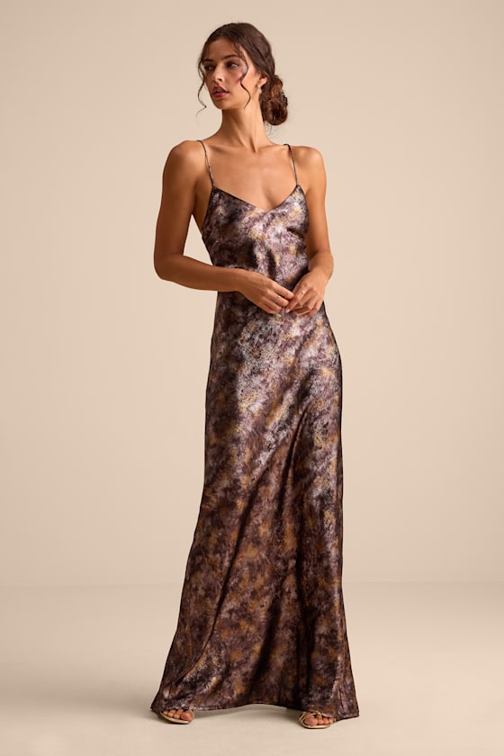 Sheeva Shiny Brown Multi Abstract Satin Lace-Up Maxi Dress #Color_Shiny Brown Multi Abstract